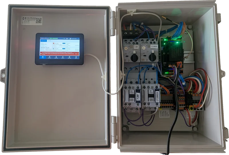 Modbee pump and stirrer controller open, touchscreen showing the overview page, with motor starters and wiring inside